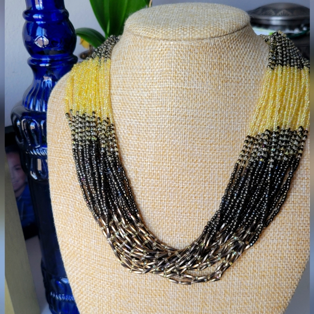 Miltu-strand Beaded Necklace Yellow & Black/Bronze with loop closure